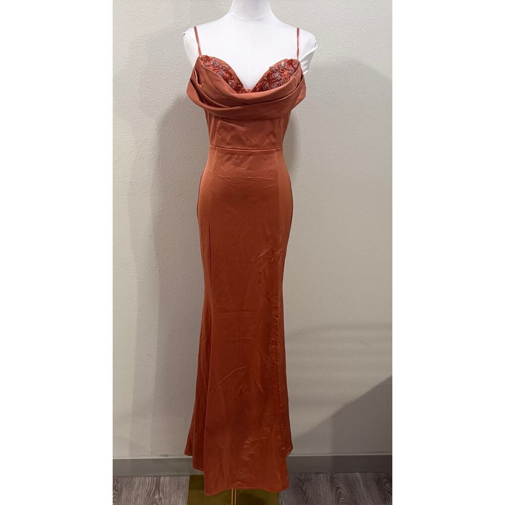NWT Maniju Satin Maxi Dress Gown Beaded Cowl Neck Orange Terrocotta Wedding - Picture 2 of 10